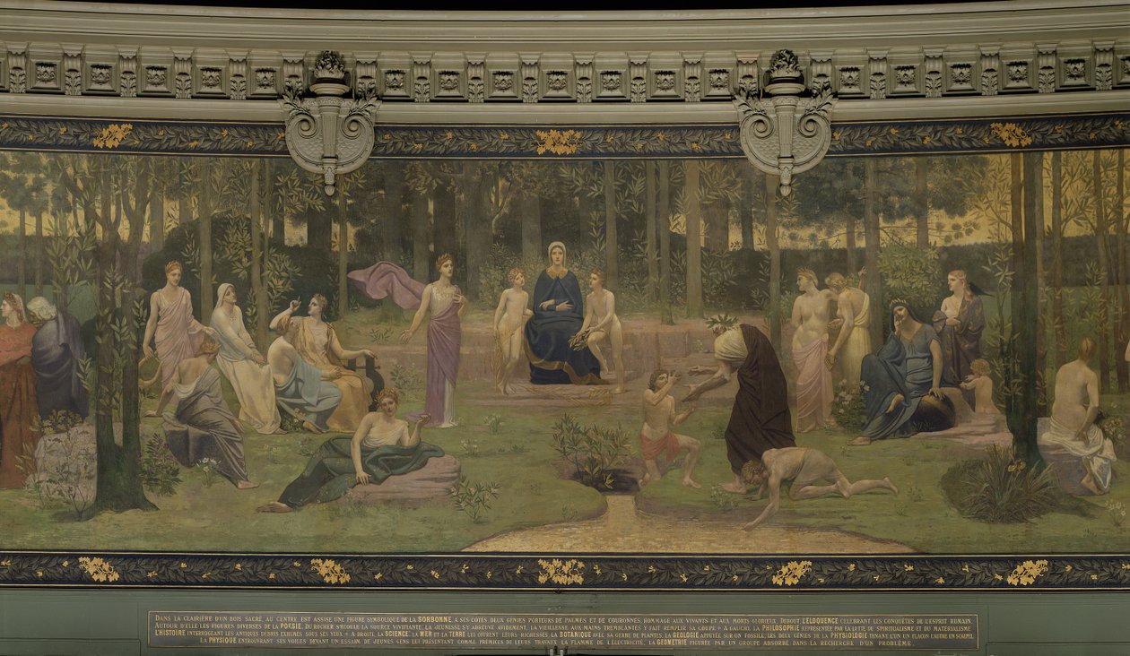The Sacred Wood, allegorisk väggmålning i Grand Amphitheatre, central detalj i Sorbonne, vältalighet, poesi, den livgivande källan och vetenskap, 1887-89 (detalj av 88480) av Pierre Puvis de Chavannes