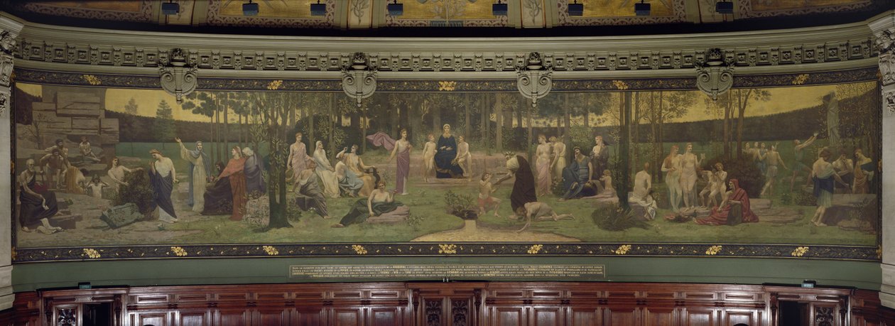 The Sacred Wood, väggmålning i Grand Amphitheatre som visar allegoriska figurer från Sorbonne, vältalighet, poesi, filosofi, historia, botanik, geologi, fysik och geometri, 1887-89 (se 884 av Pierre Puvis de Chavannes