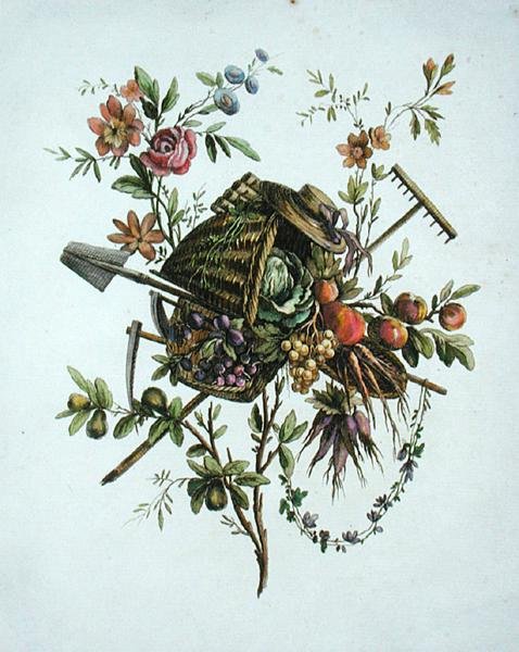 En trädgårdstextildesign, från "Verk som innehåller en samling troféer, attribut, kartuscher, vaser, blommor, prydnadsföremål och flera trevliga mönster för att brodera fåtöljer", graverad av Etienne Claude Voysard av Pierre Ranson