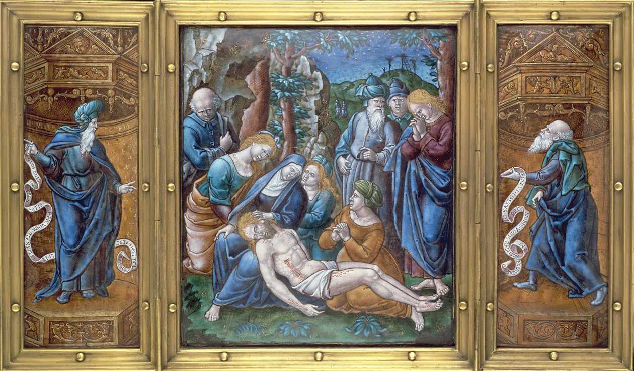 M.1-1926 Triptyk: Lamentation, Daniel och St. Peter, målad i Limoges, Frankrike, 1538 (emalj på koppar) av Pierre Raymond