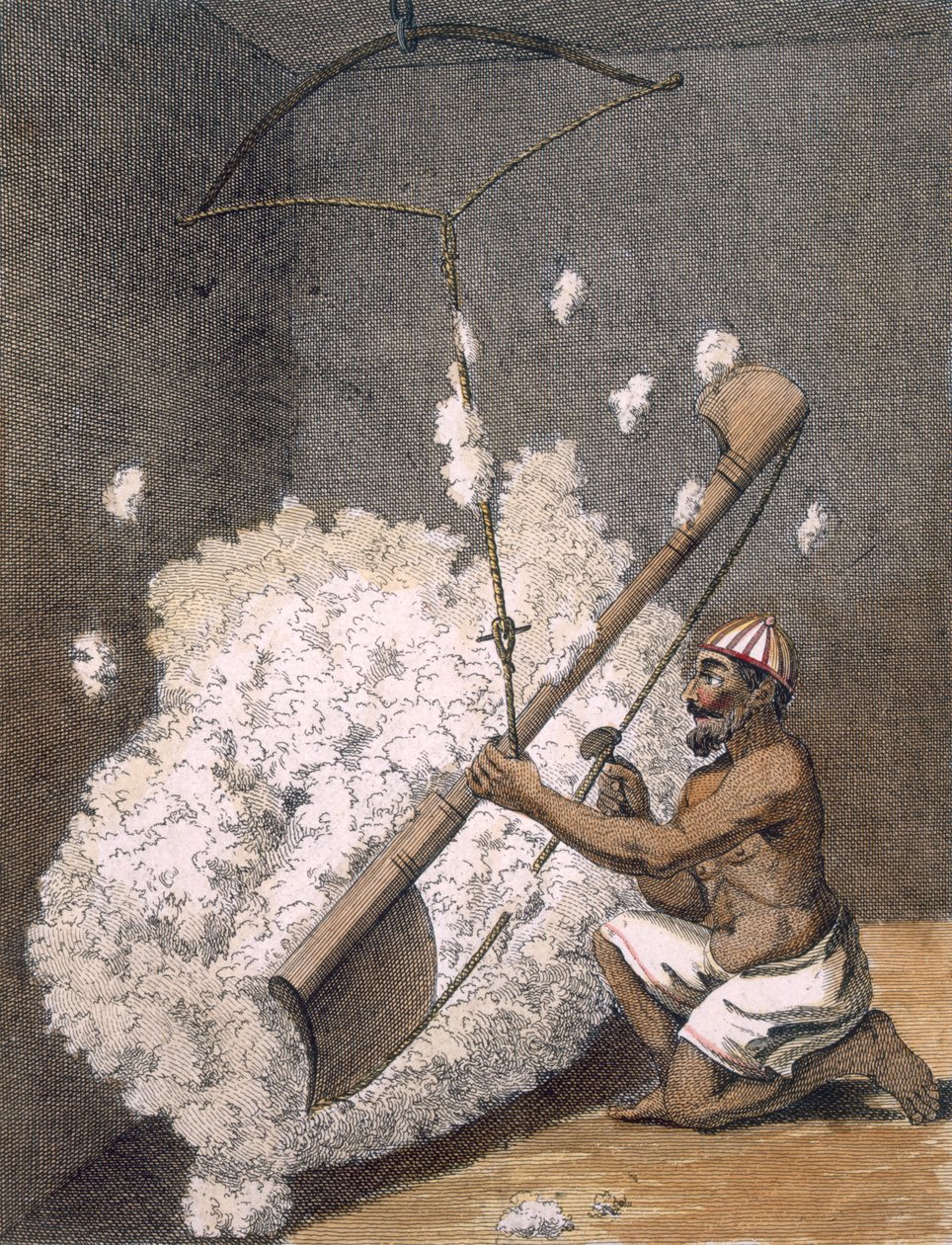 Kardning av bomull från "Voyages aux Indes et a la Chine", 1782 av Pierre Sonnerat