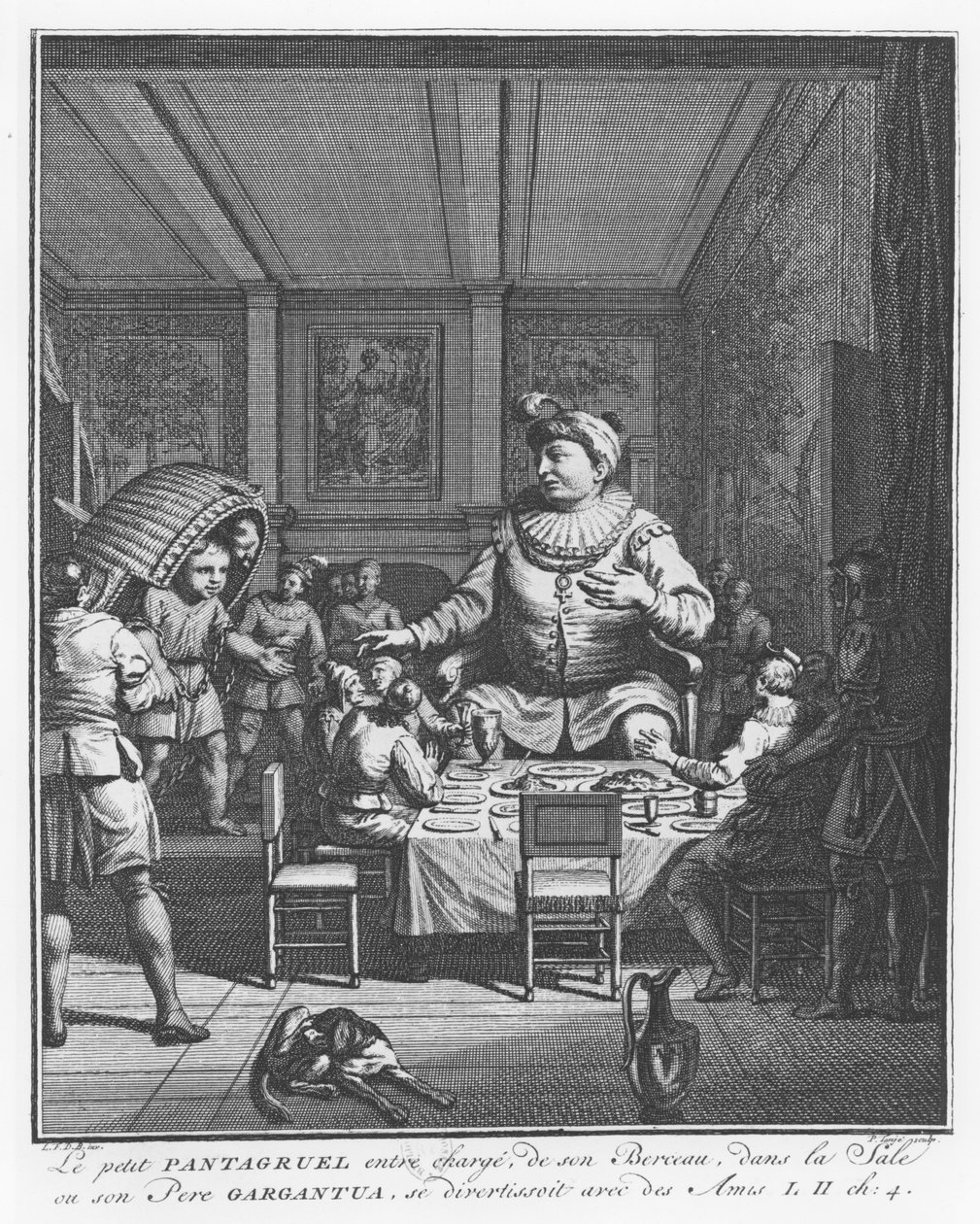 Gargantua ser sin son Pantagruel bära sin spjälsäng, illustration från "Gargantua och Pantagruel", av François Rabelais av Pierre Tanje