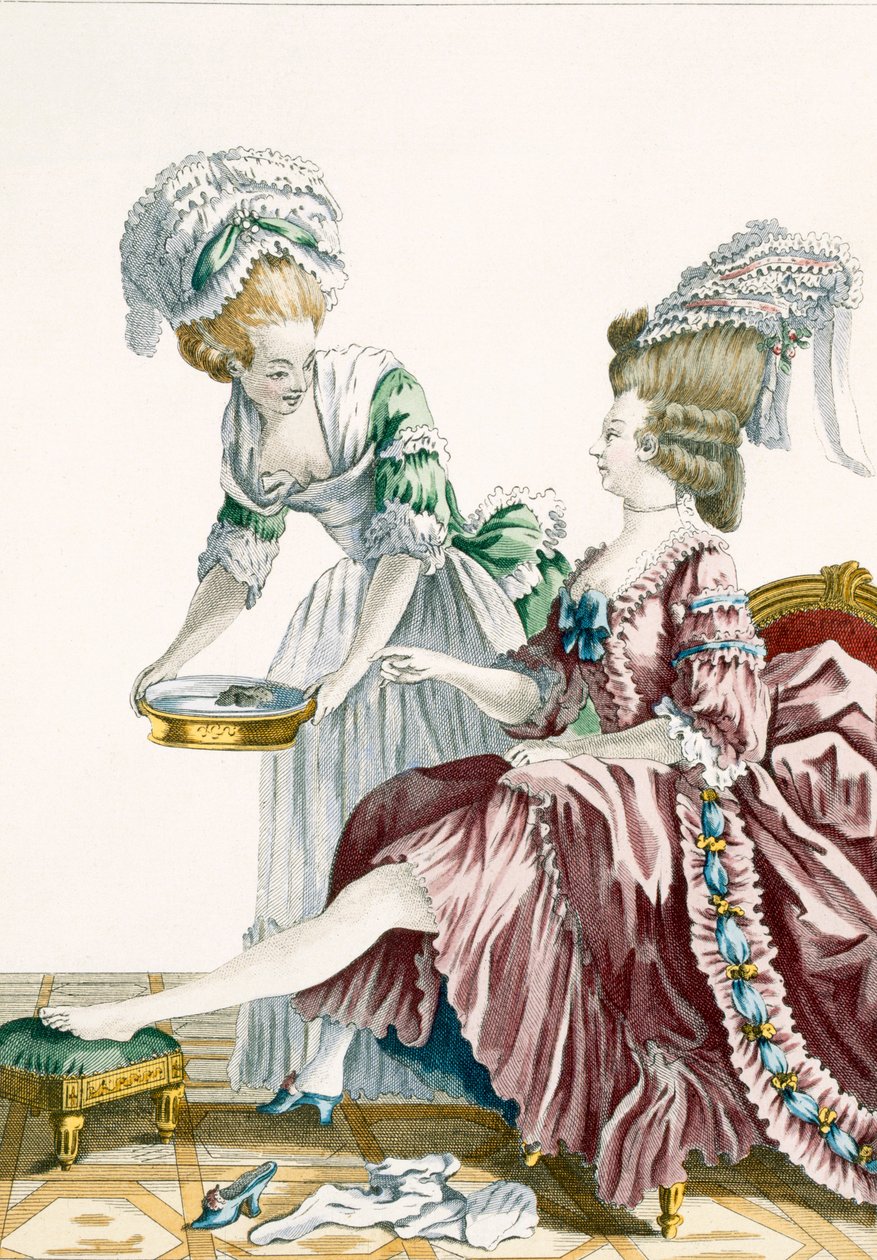 En elegant kvinna tvättar sina fötter, plansch 32 från Galerie des Modes et Costumes Francais, graverad av Dupin, 1778. av Pierre Thomas Le Clerc