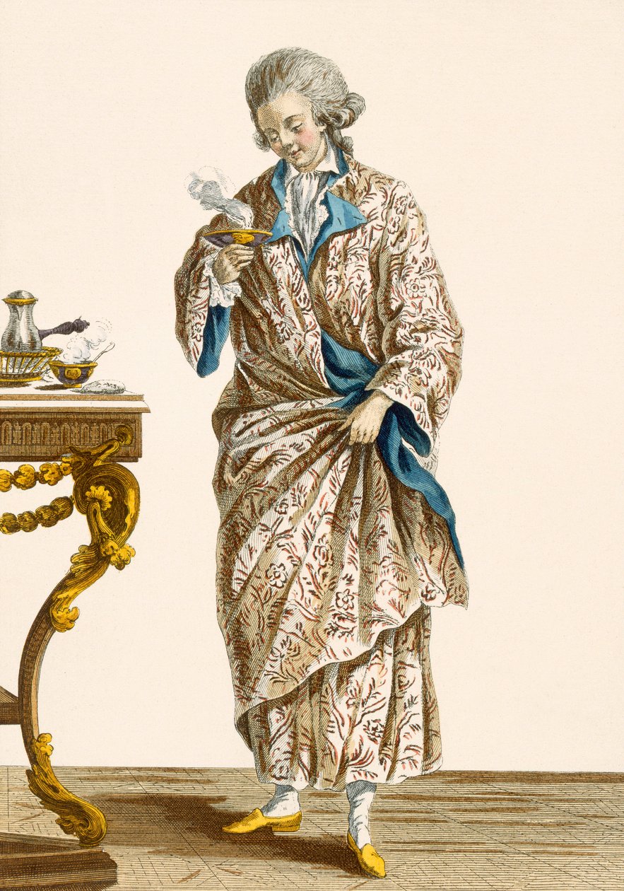 Klänning i tryckt bomull, graverad av Patas, platta nr 140 från "Galeries des Modes et Costumes Francais", ca 1778-87 av Pierre Thomas Le Clerc
