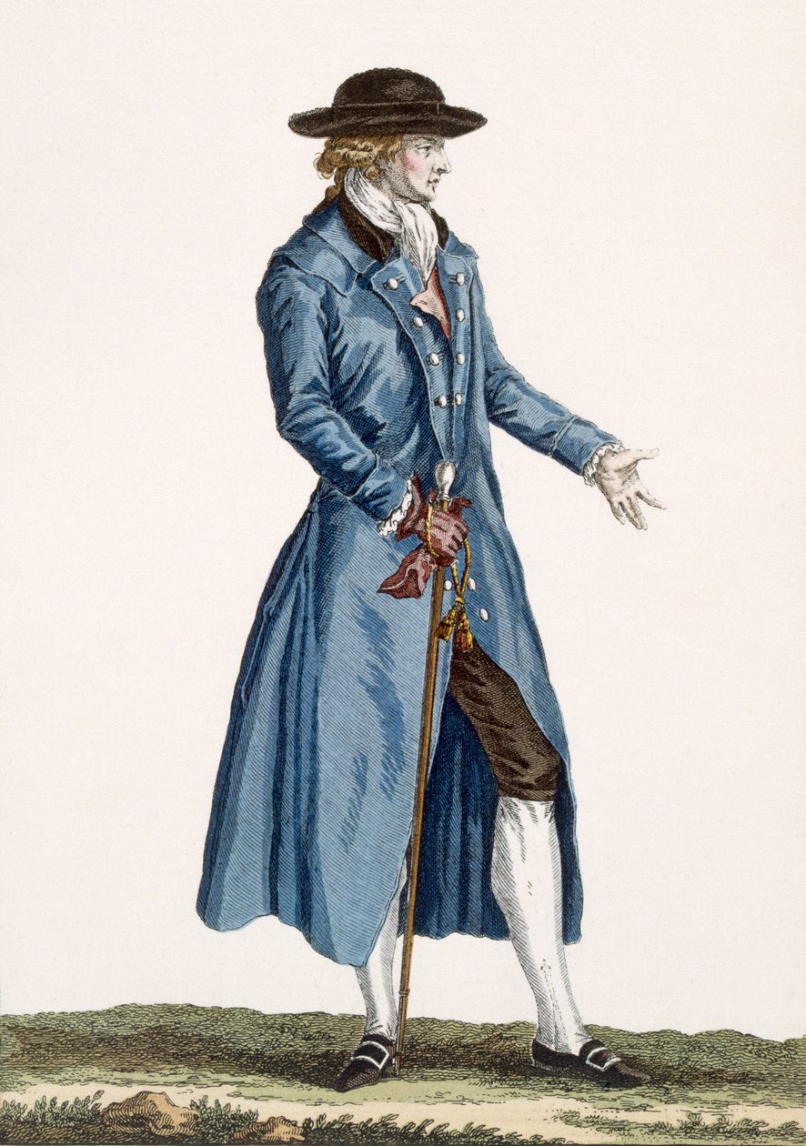 Herr i blå rock, platta från "Galeries des Modes et Costumes Francais", ca 1778-87 av Pierre Thomas Le Clerc