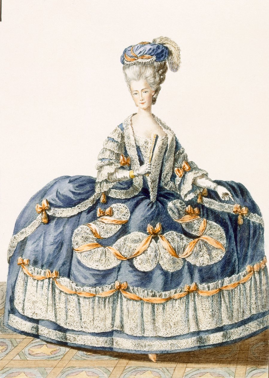 Kungligt hovets stora balklänning, graverad av Le Roy, platta från "Galeries des Modes et Costumes Francais", ca 1778-87 99:kläder; traditionell klädsel; traditionell dräkt; mode av Pierre Thomas Le Clerc