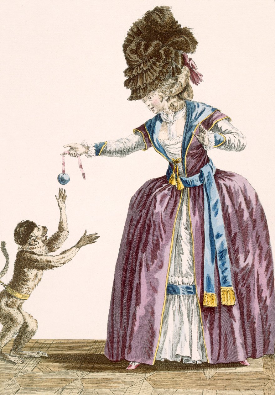 En dam leker med en apa, graverad av Patas, platta nr 119 från "Galeries des Modes et Costumes Francais", ca 1778-87 99:kläder; traditionell klädsel; traditionell dräkt; mode; i av Pierre Thomas Le Clerc