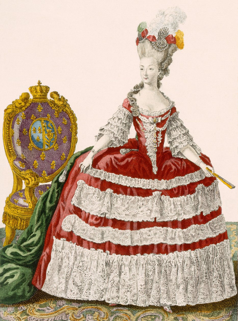 Damers hovklänning i mörkt körsbär, graverad av Patas, platta nr 44 från "Galeries des Modes et Costumes Francais", ca 1778-87 av Pierre Thomas Le Clerc