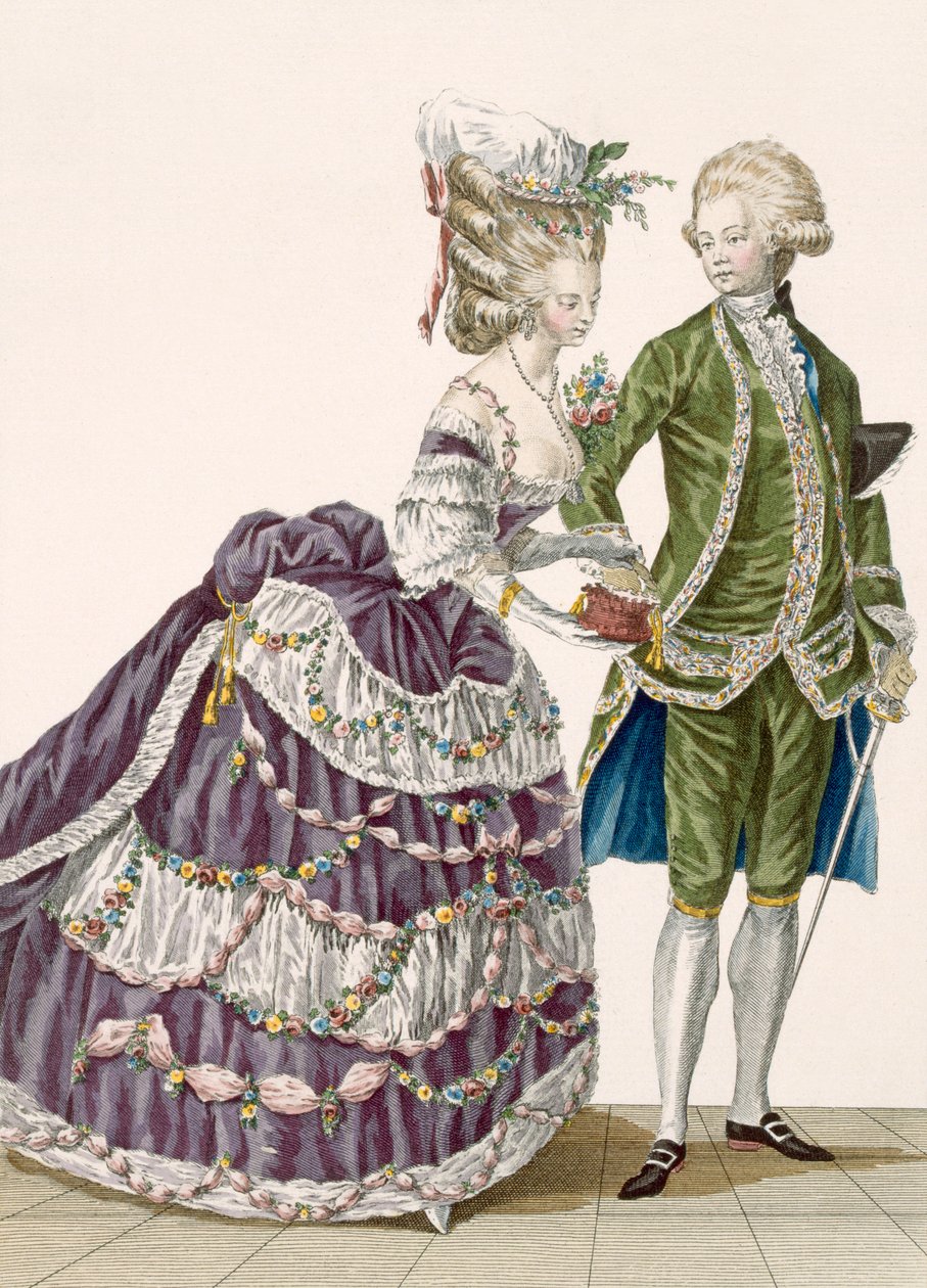 Ung kvinna och hennes man på en hovgala, platta nr 112 från "Galeries des Modes et Costumes Francais", ca 1778-87 99:kläder; traditionell klädsel; traditionell kostym; fas av Pierre Thomas Le Clerc
