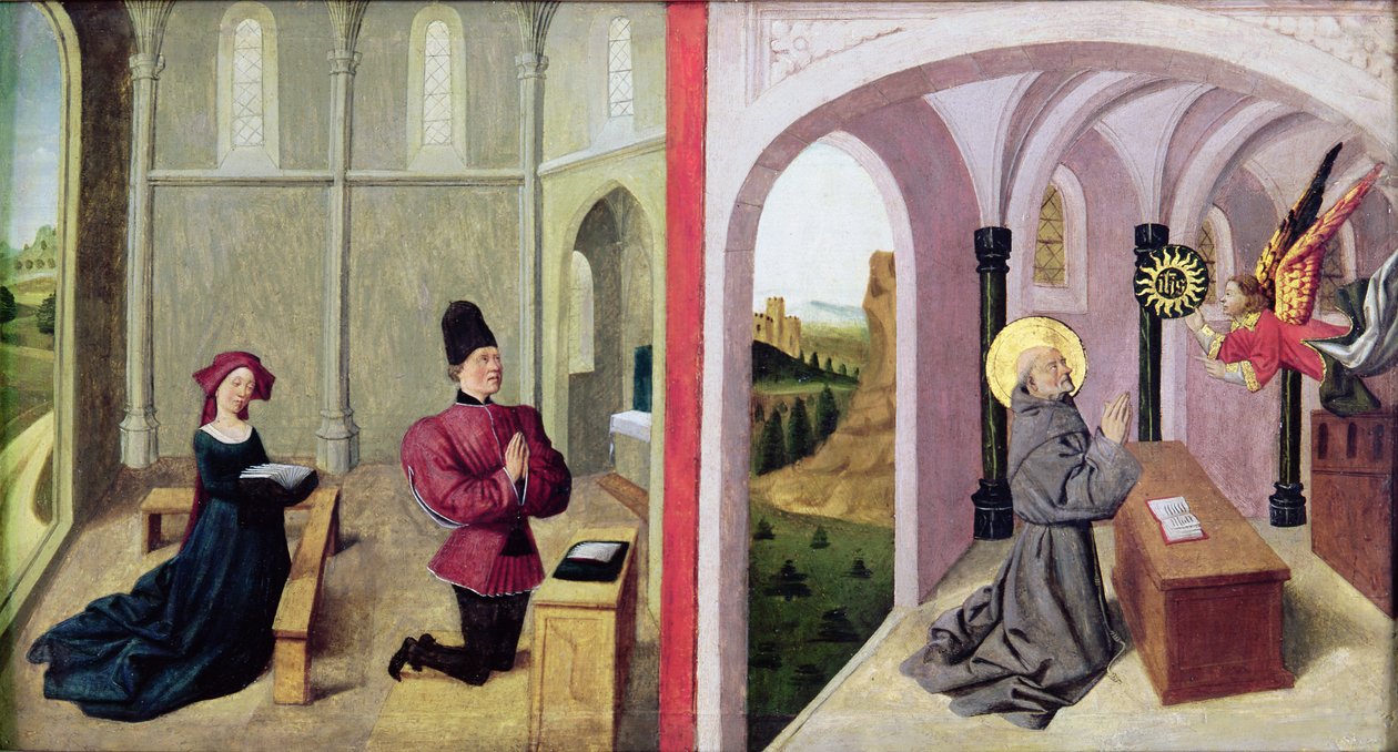 Sankt Bernardino av Siena med två donatorer, 1460-70 av Pierre Villatte