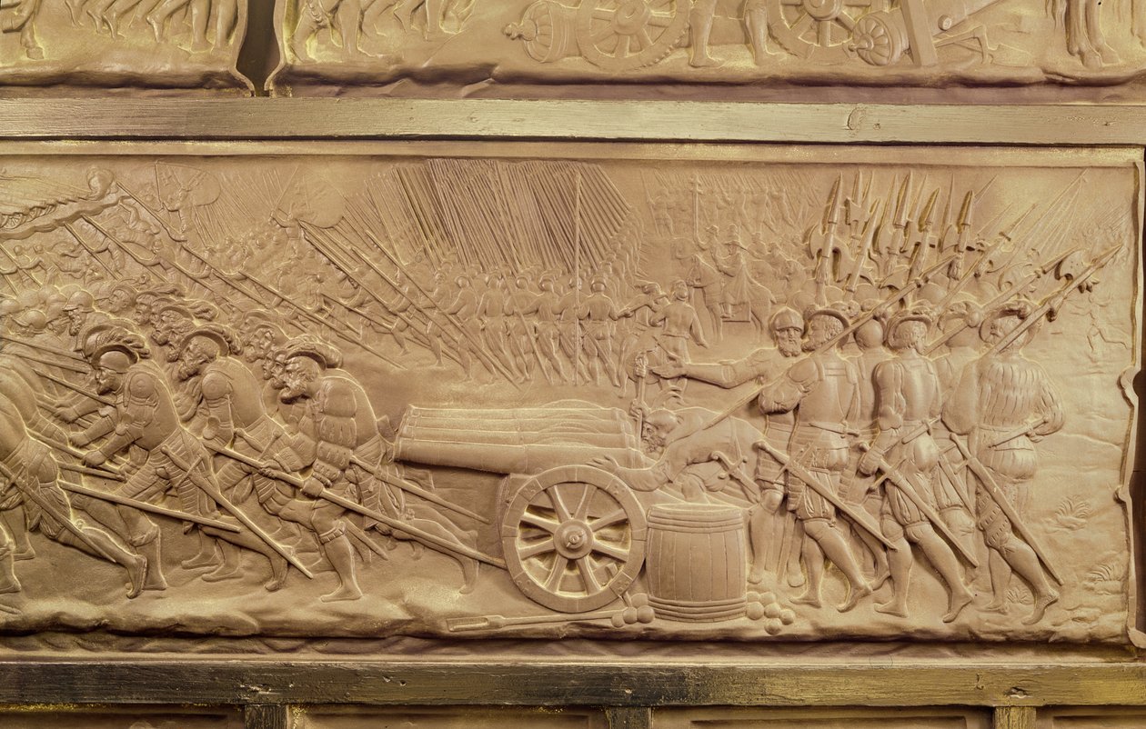 Graven av Frans I och Claude, hertiginna av Bretagne, detalj av kanoner vid slaget vid Marignano, 1548 marmor av Pierre Bontemps