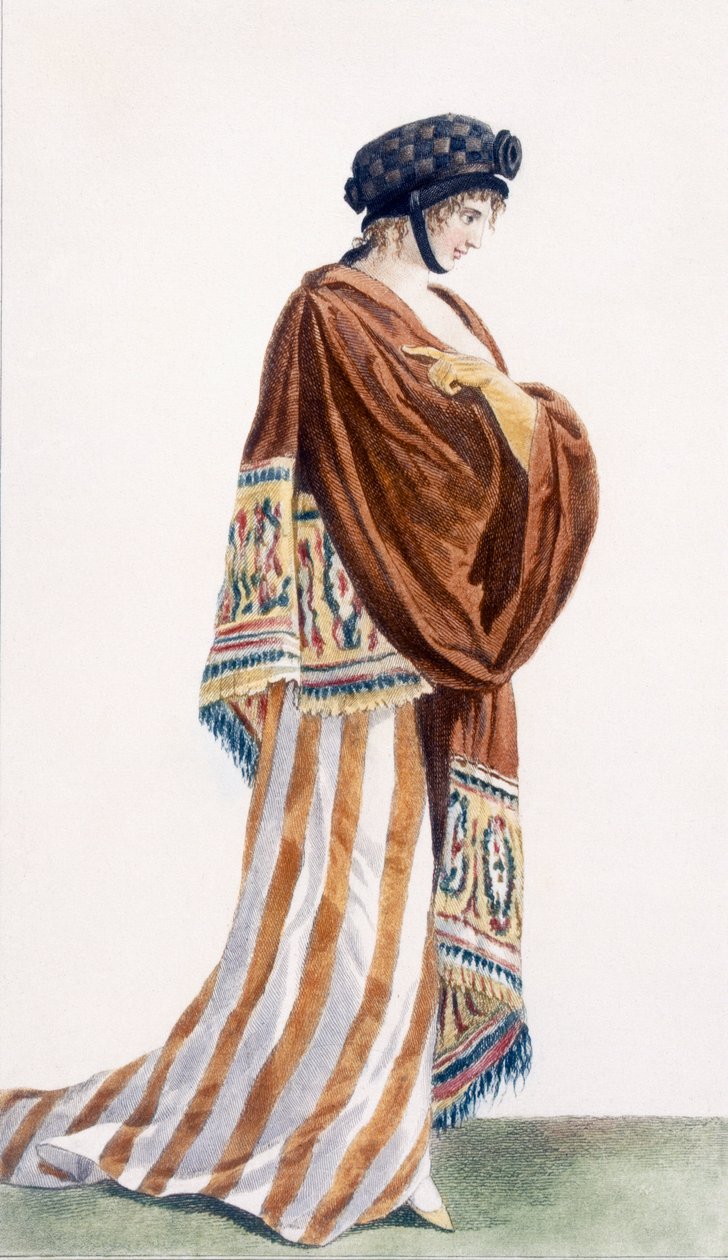 Damklänning med sammetssjal, illustration från "Journal des Dames et des Modes", 1799 av Pierre de La Mesangere