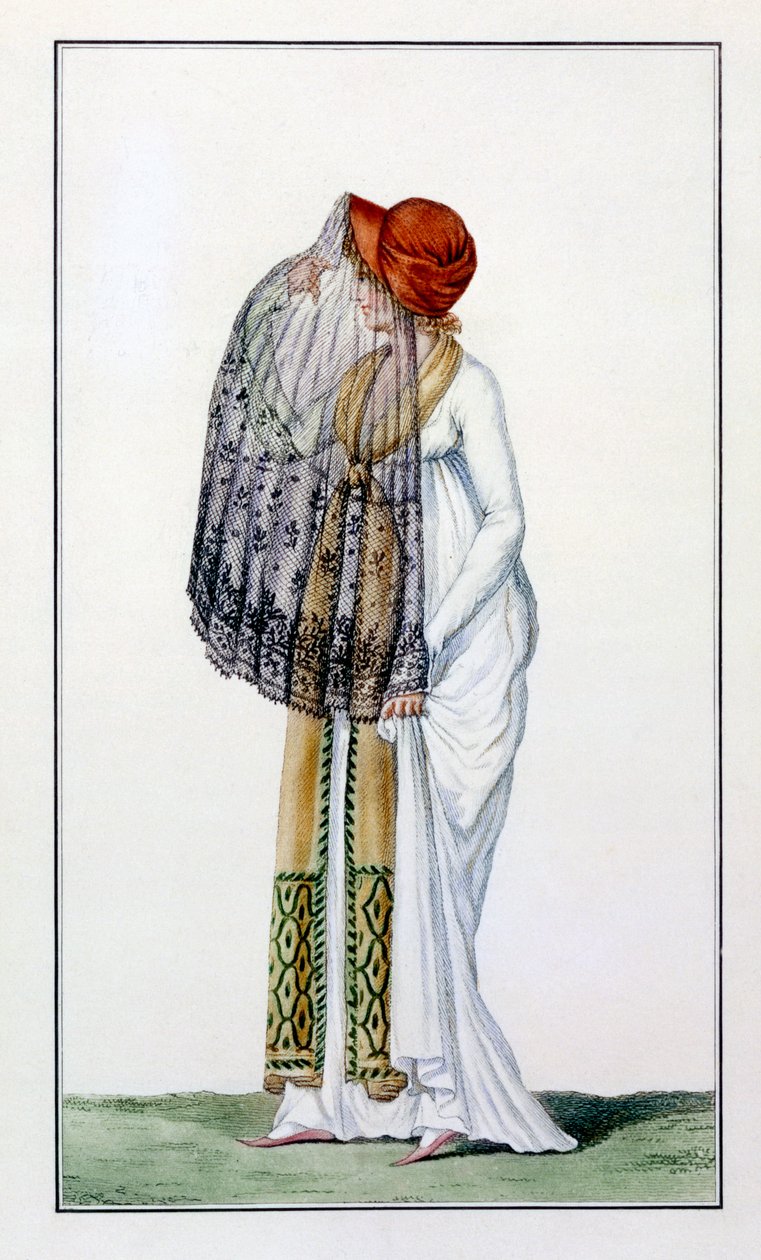 Damklänning med slöja från Journal des Dames, 1799 av Pierre de La Mesangere