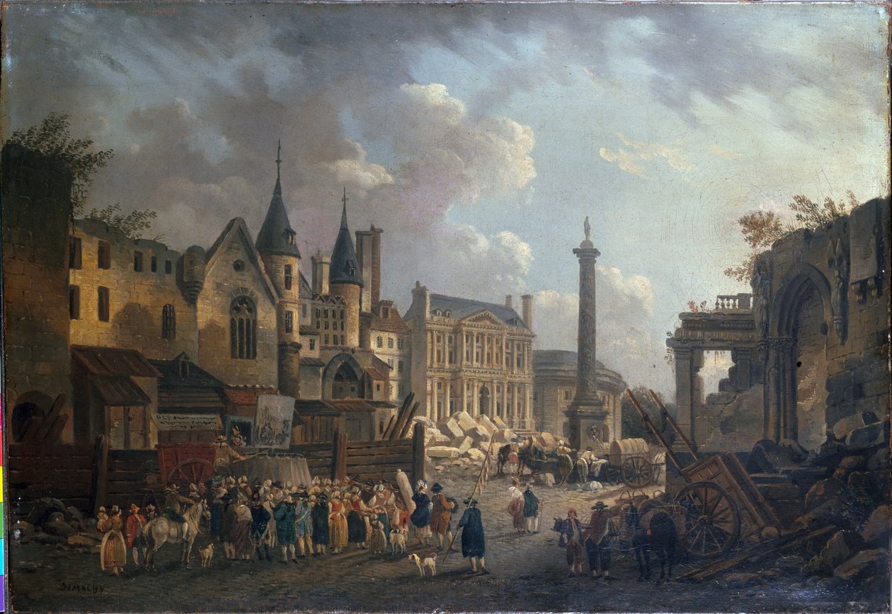 Torghandel vid en imaginär korsning i Paris, ca 1770 (olja på duk) av Pierre Antoine Demachy