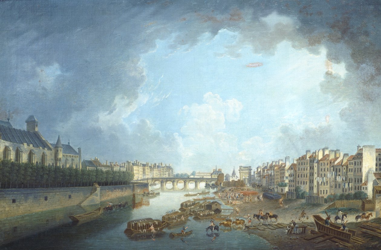 Ärkebiskopens stift, Tournelle-bron och Port Saint-Bernard sett från stadshuset i Paris, av Pierre Antoine Demachy av Pierre Antoine Demachy