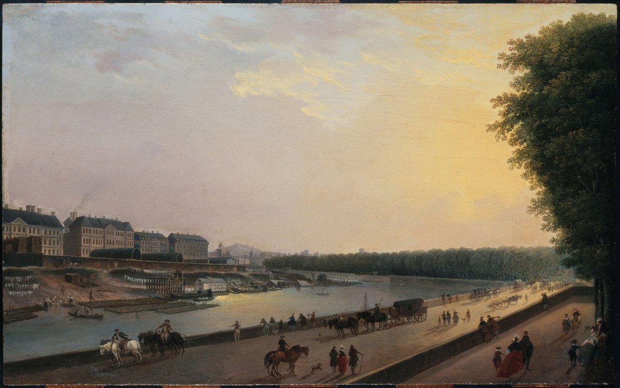 Seine vid Grenouillère, vy från Tuileriernas terrass vid vattnet, ca 1777 (olja på trä) av Pierre Antoine Demachy