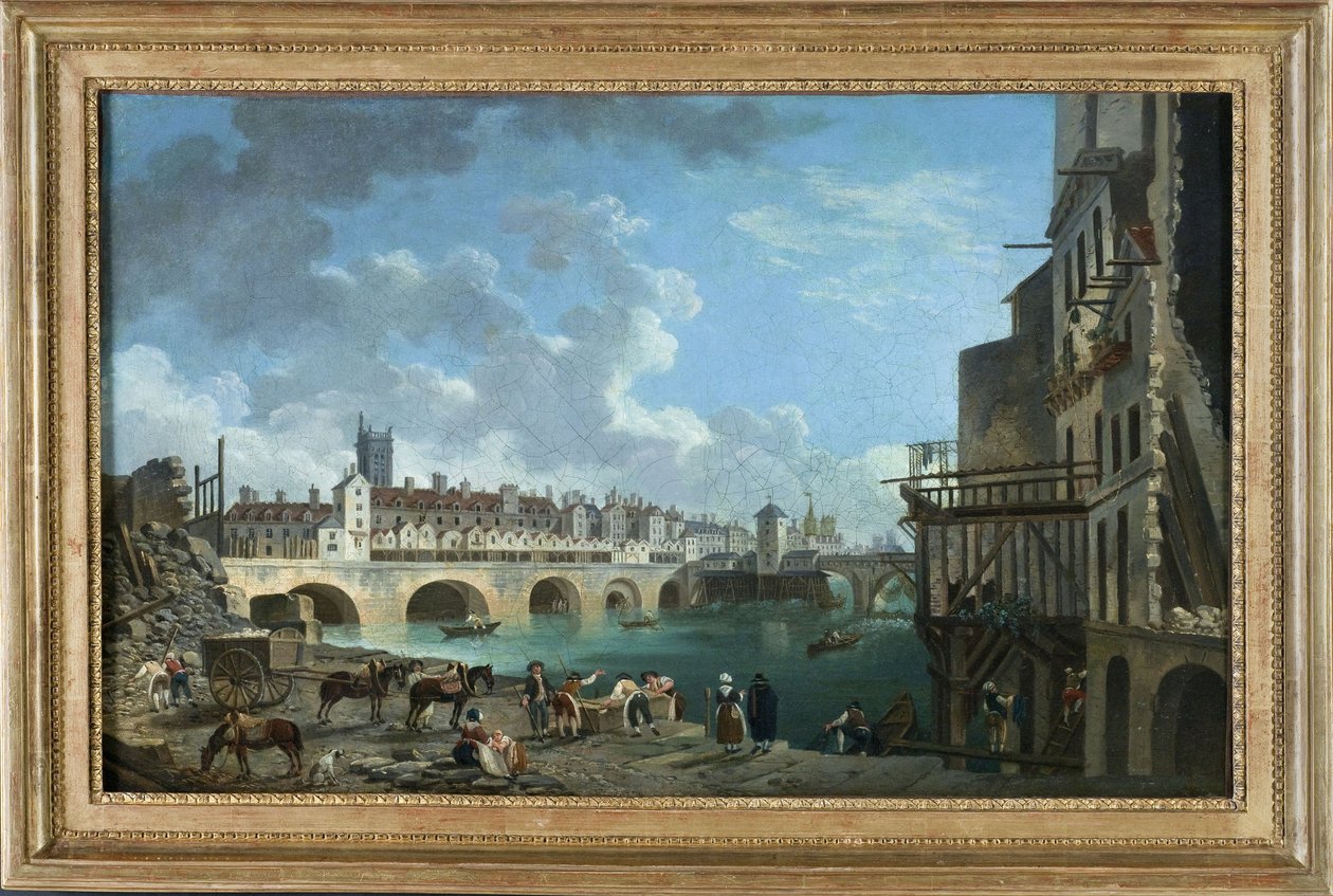 Vy över Quai de Gesvres vid tidpunkten för rivningen av husen på Pont au Change, ca 1788 (olja) av Pierre Antoine Demachy