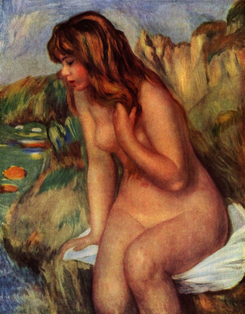  Baigneuse assise au rochernDeutsch: Badende, auf einem Felsen sitzendn av Pierre Auguste Renoir