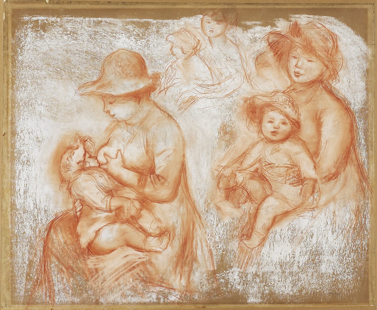 Studies for Mother and Child, ca 1885 (röd och vit krita på gulfärgat papper) av Pierre Auguste Renoir