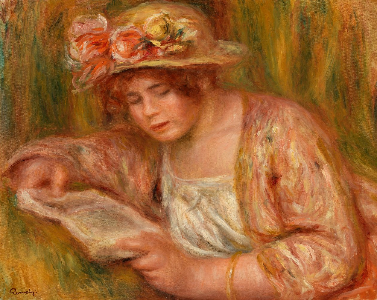 Andrée i hatt, läsning av Pierre-Auguste Renoir