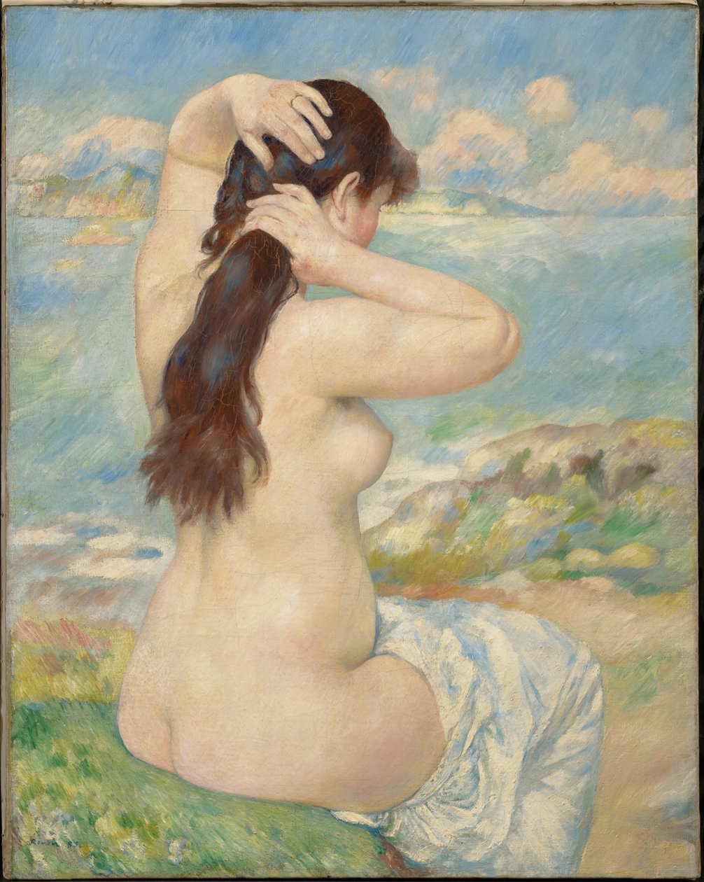 En badande kvinna som ordnar sitt hår av Pierre-Auguste Renoir