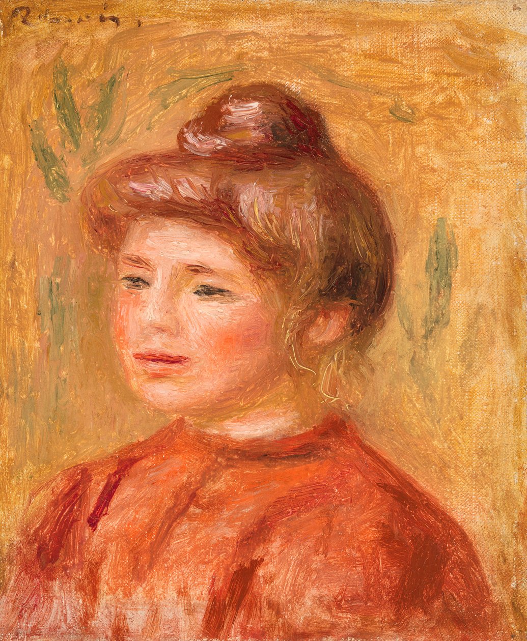 Byst av kvinna i rött av Pierre-Auguste Renoir