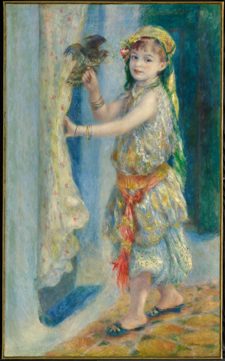 Barn med en fågel (Mademoiselle Fleury i algerisk dräkt) av Pierre-Auguste Renoir