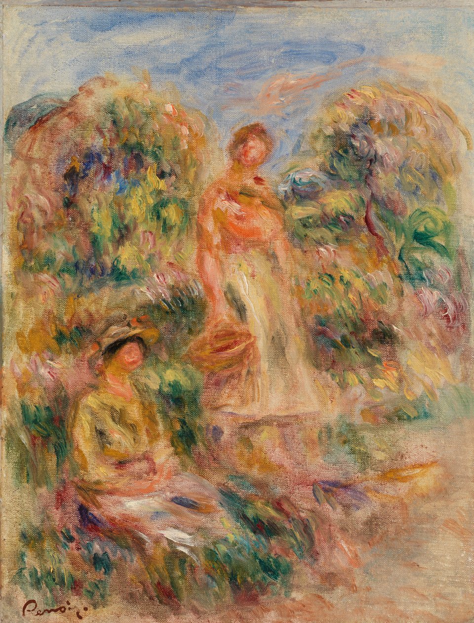 Stående kvinna och sittande kvinna i ett landskap av Pierre-Auguste Renoir