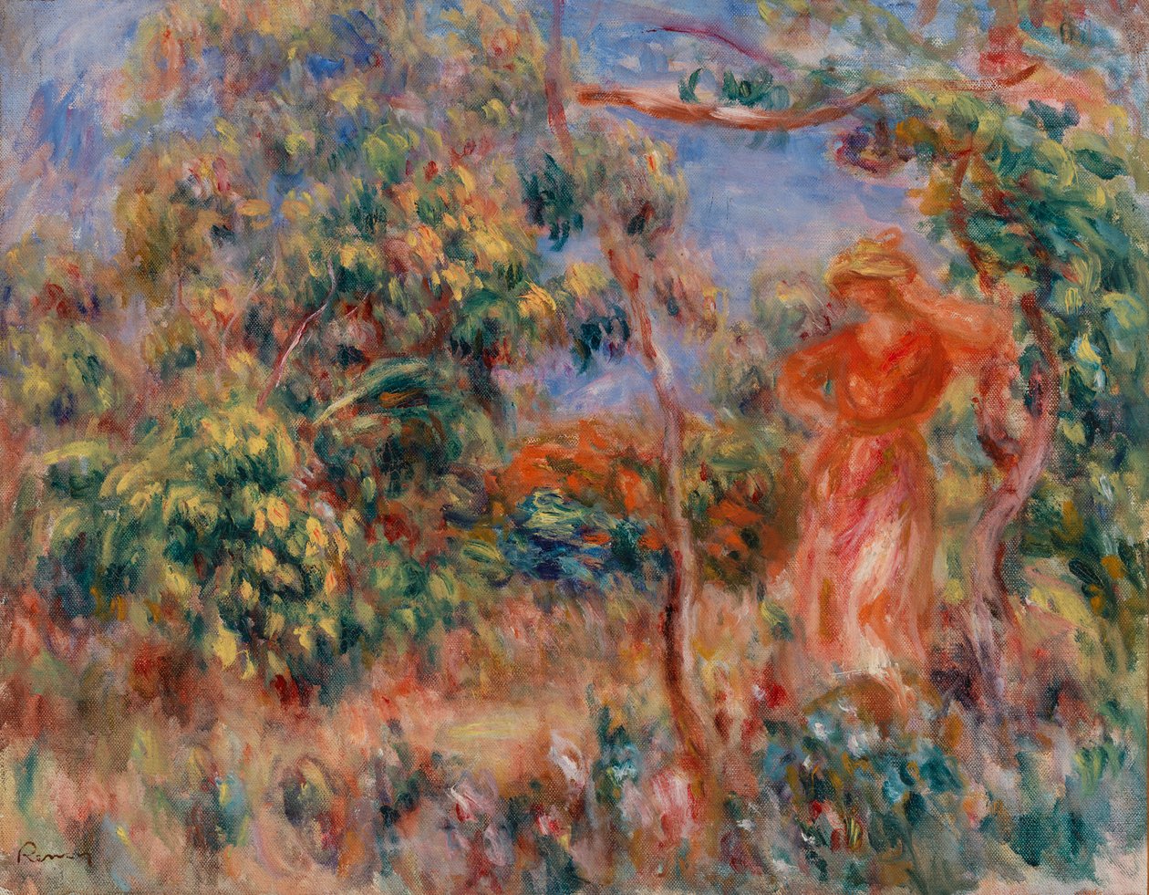 Kvinna i rött i ett landskap av Pierre-Auguste Renoir