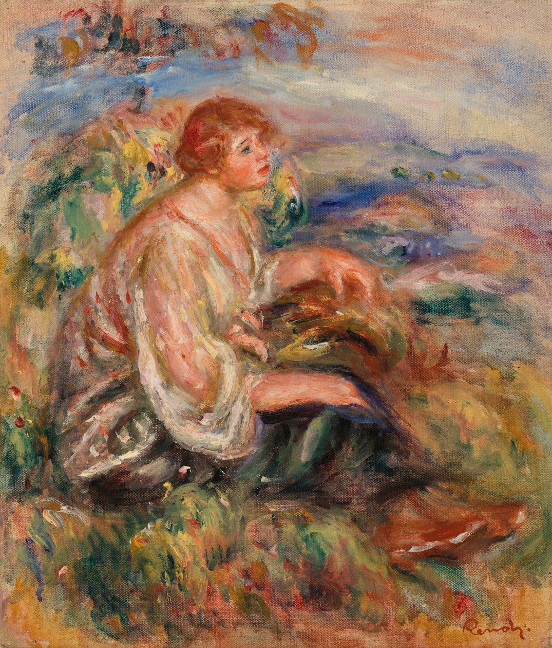 Kvinna i tyllblus och svart kjol av Pierre-Auguste Renoir