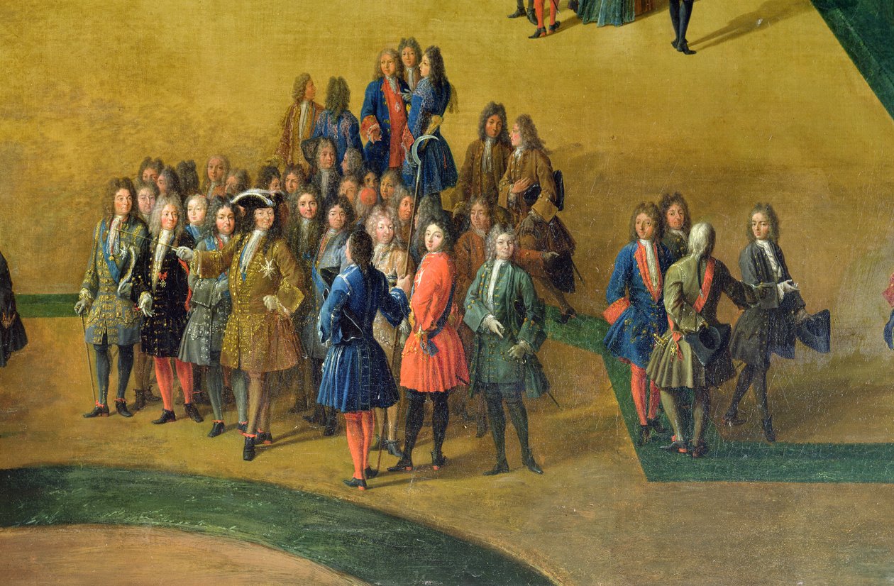 Se lunden av Apollons bad i trädgårdarna i Versailles detalj av Ludvig XIV, 1713 olja på duk av Pierre Denis Martin