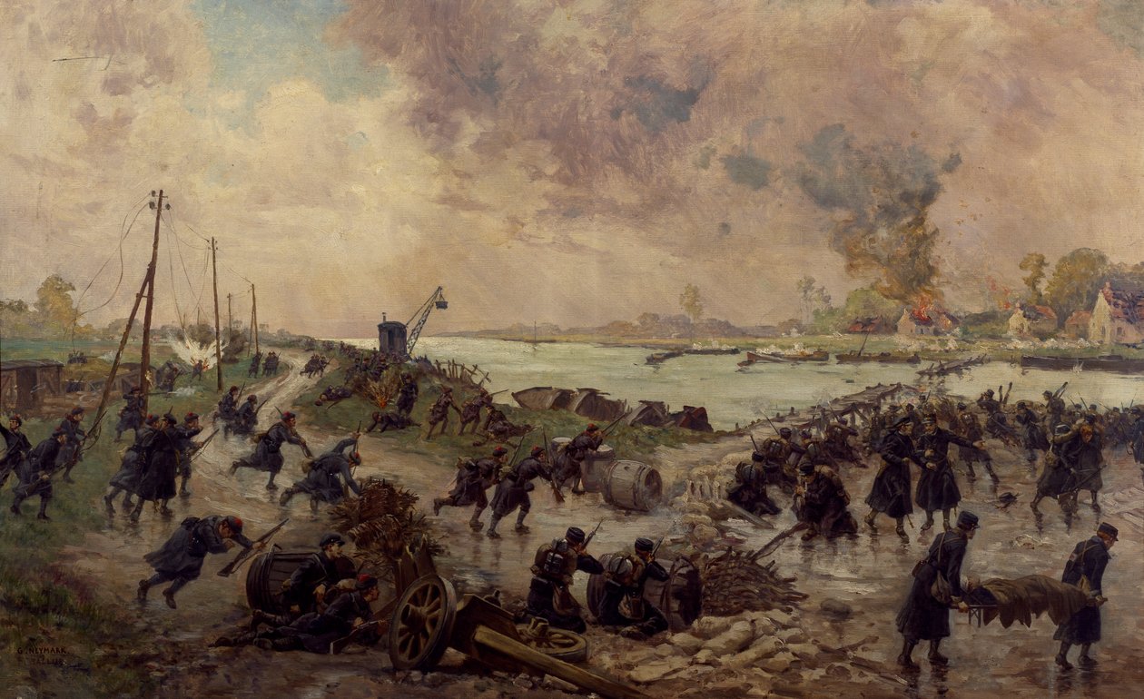 Belgiska trupper i strid vid Yser, oktober 1914, första världskriget, Belgien, 1900-talet av Pierre Ernest and Neymark Gustave Ballue