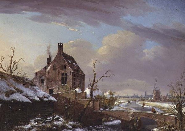 Vinterlandskap med figurer vid en bro av Pierre François De Noter