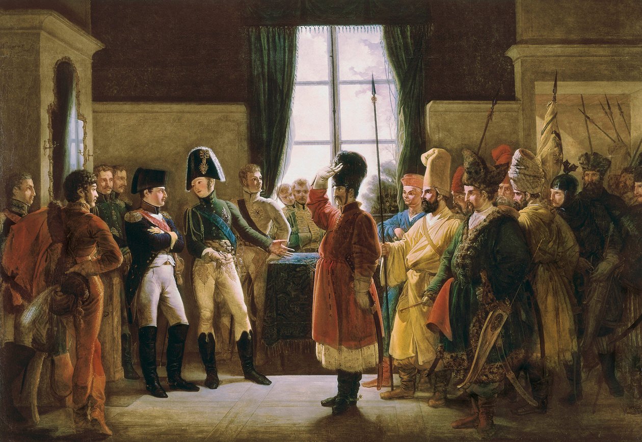 Alexander I presenterade för Napoleon I, Kalmyckerna, kosackerna och baskirerna från den ryska armén den 9 juli av Pierre Nolasque Bergeret