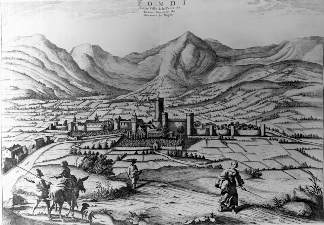 Staden Fondi, gravyr av Pieter Mortier (1661-1711) från New Theatre of Italy av Pierre (1661 1711) Mortier
