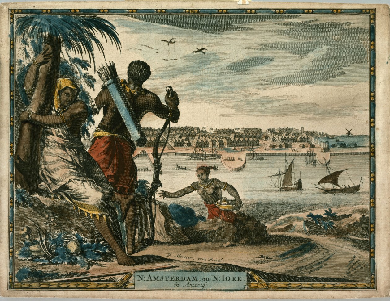 N. Amsterdam, ou N Iork i Ameriq., ca. 1700 (handfärgad gravyr) av Pierre  Mortier