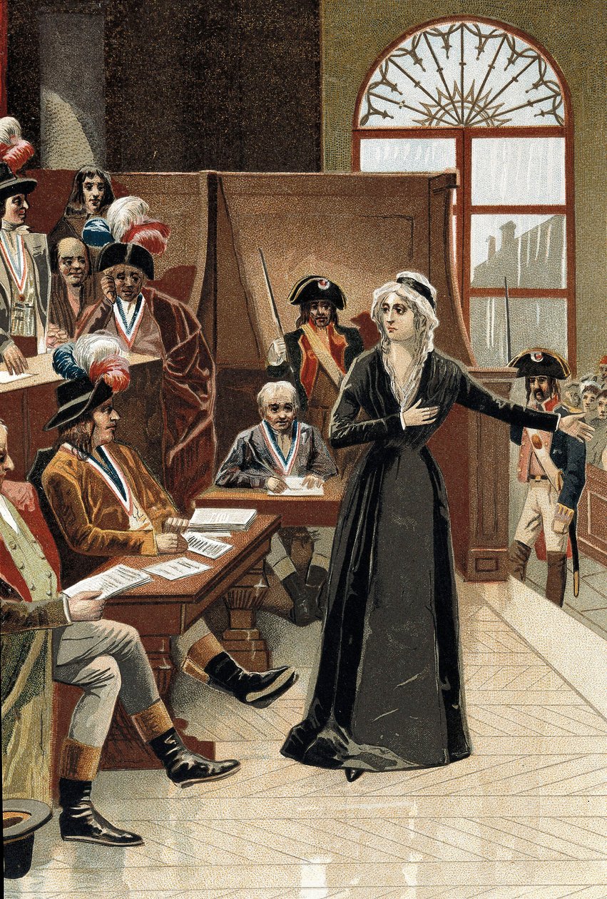 Franska revolutionen: Frankrikes drottning Marie Antoinette framför domaren under hennes rättegång den 14 oktober 1793 (ritning), av Pierre (after) Bouillon