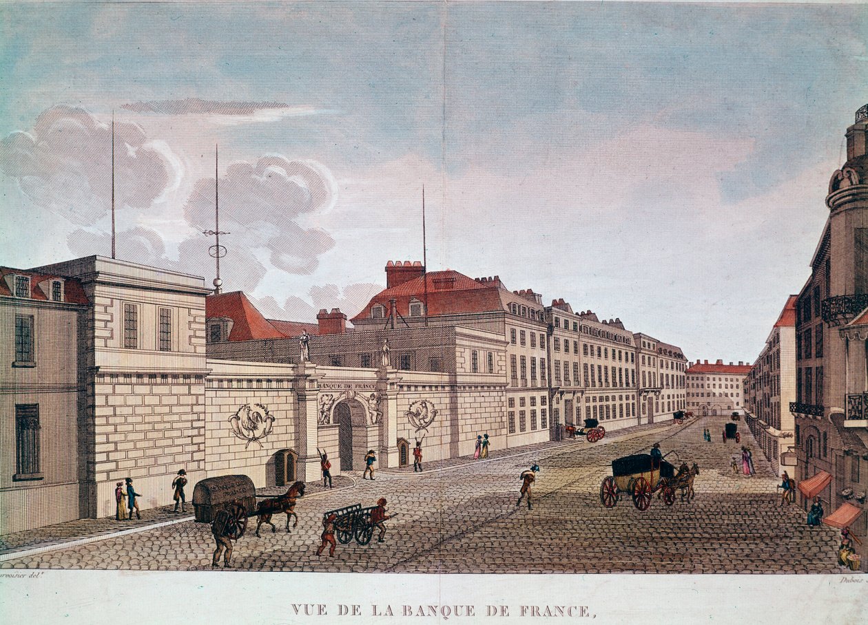 Bank of France från Rue Croix-Petits-Champs i Paris (gravyr av Pierre (after) Courvoisier