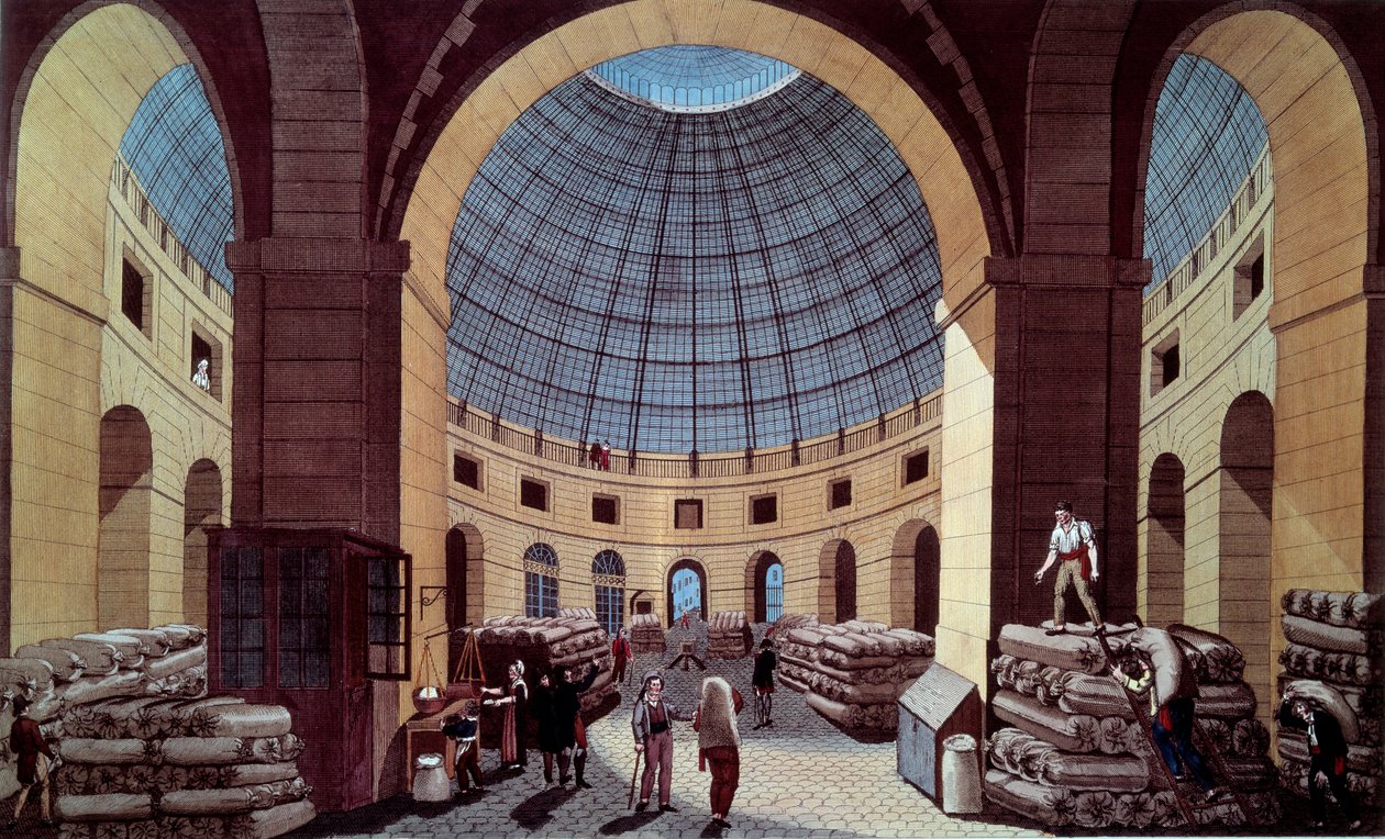 Utsikt över Halle au ble, som ligger på nuvarande Hotel de Soissons (Börsen) i Paris. Gravyr av Guiguet efter Pierre Courvoisier (1756-1804) 1700-talet. Paris, B.N. av Pierre (after) Courvoisier