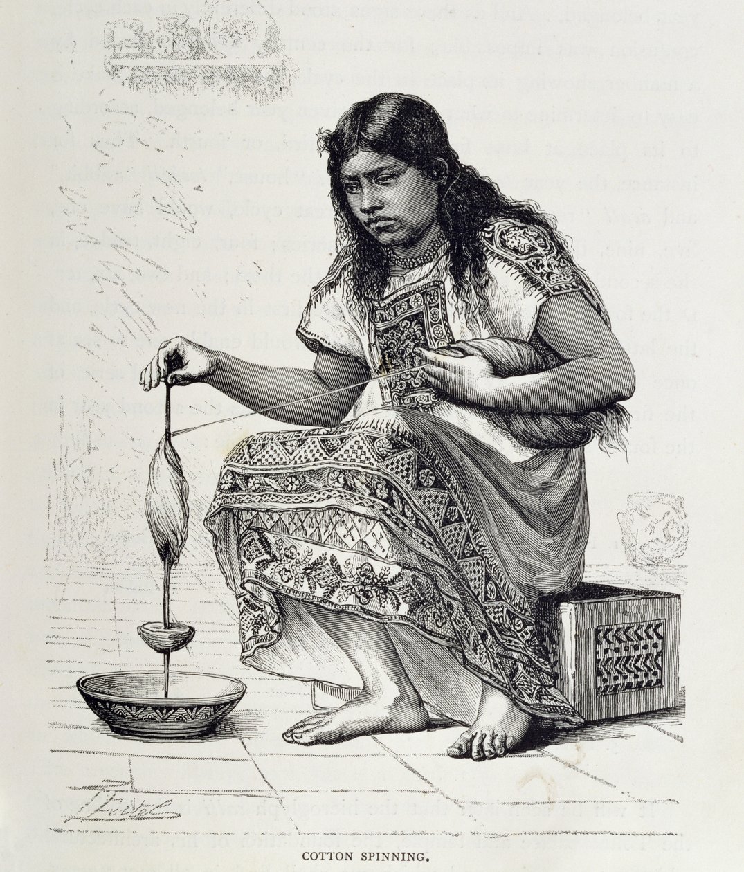 Bomullsspinning, från "The Ancient Cities of the New World", av Claude-Joseph-Desire Charnay, publ. 1887 (gravyr) av Pierre (after) Fritel