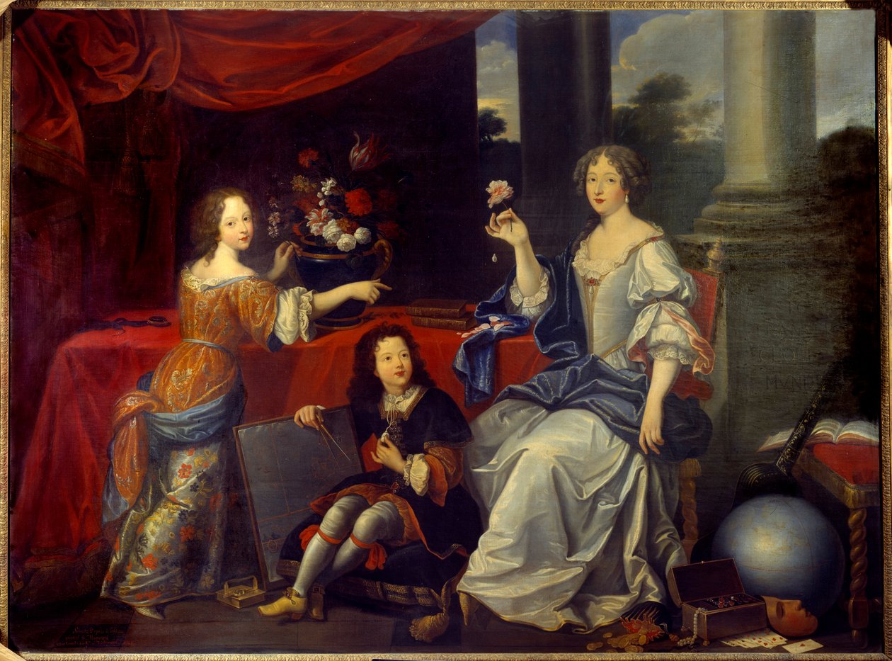 Porträtt av Louise Francoise de la Baume le Blanc, hertiginnan de la Valliere (Madame de La Valliere) (1644-1710), favorit av Ludvig XIV och hennes barn Mademoiselle de Blois och greven av Vermandois målning av Pierre mignard (1612-1695) . 1600-talets sön av Pierre (after) Mignard