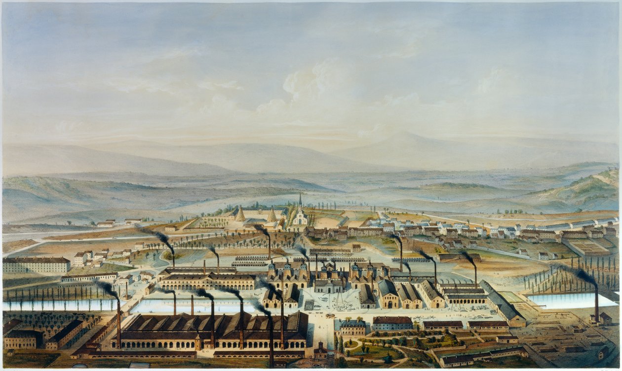 Utsikt över verkstäderna Creusot och Chateau de la Verrerie, litografi efter akvarell av Pierre Tremaux (1818-1895) av Pierre (after) Tremaux