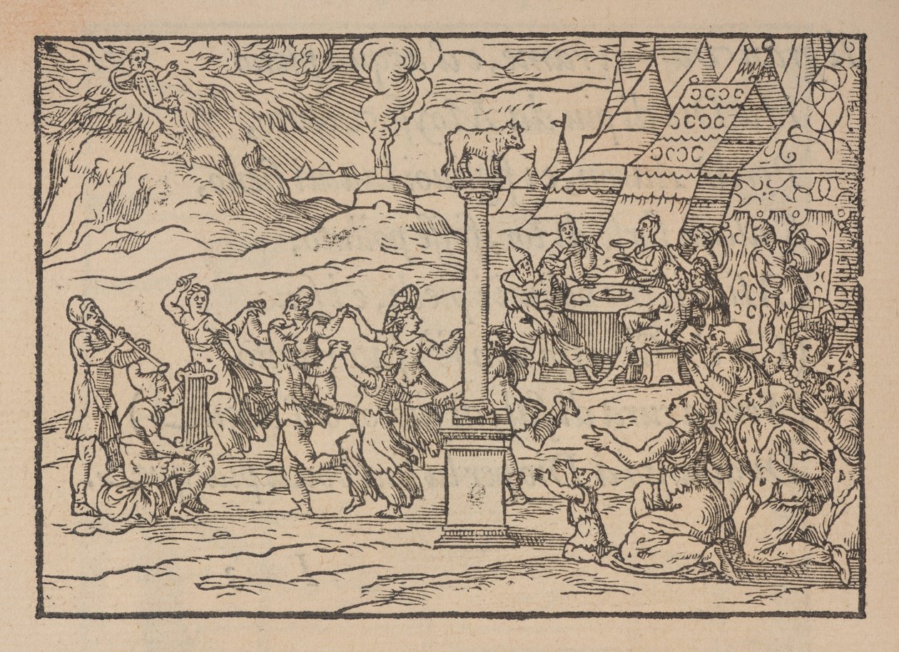 Tillbedjan av den gyllene kalven, från Figure de la Biblia, illustrerar di stanze Toscana, av Gabriele Simeoni av Pierre (attr. to) Eskrich
