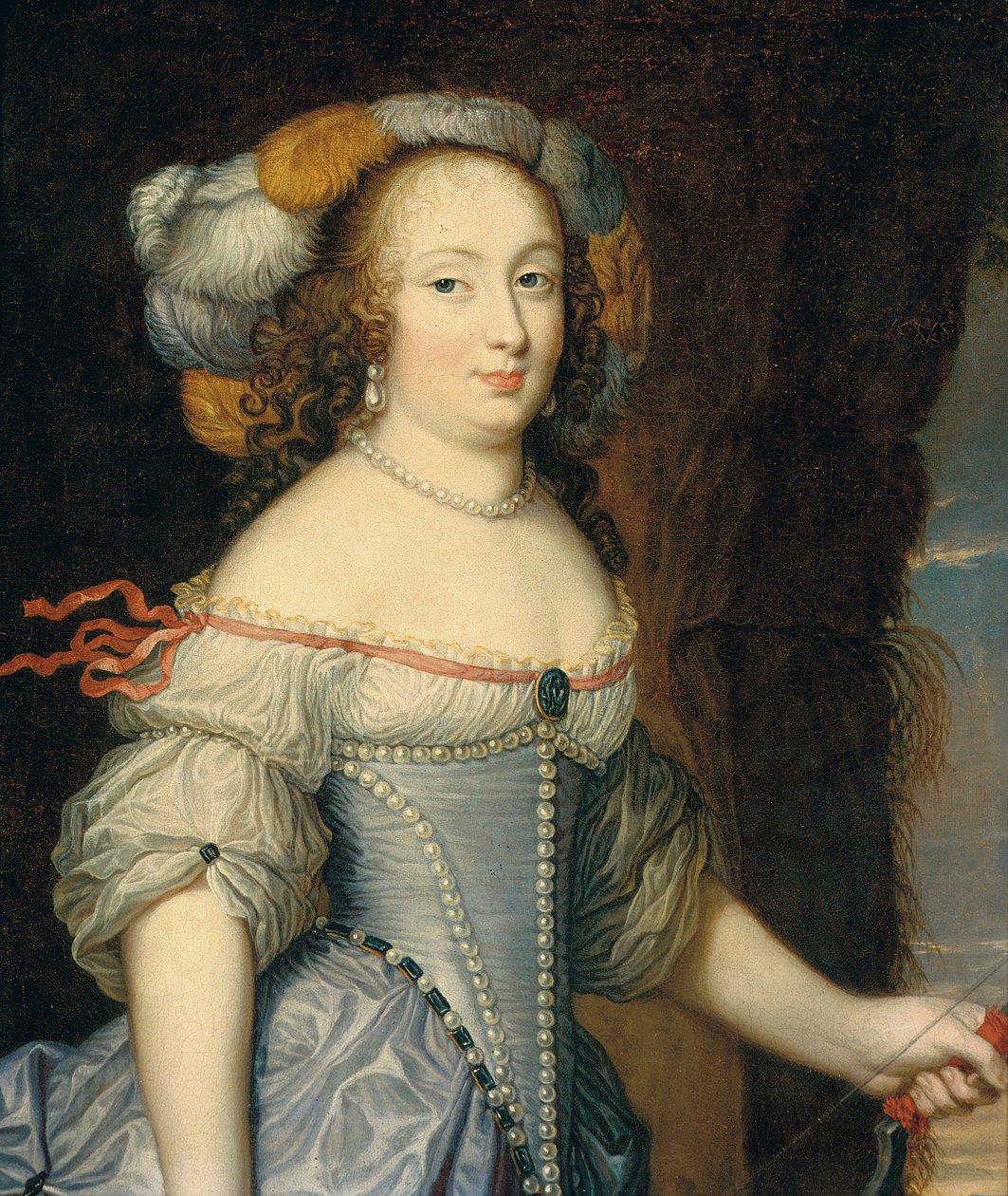Porträtt av Françoise Anthénais de Rochechouart de Mortemart, markis de Montespan (1640-1707), halvlångt, som Diana, iklädd en fjäderklädd huvudbonad och med en rosett i vänster hand (olja på duk) av Pierre (circle of) Mignard