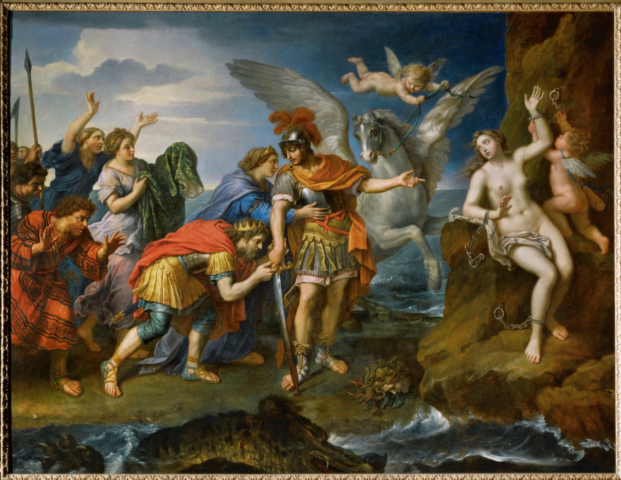 Drottning och kung av Etiopien tackar Perseus för befrielsen av deras dotter Andromeda ... av Pierre (follower of) Mignard