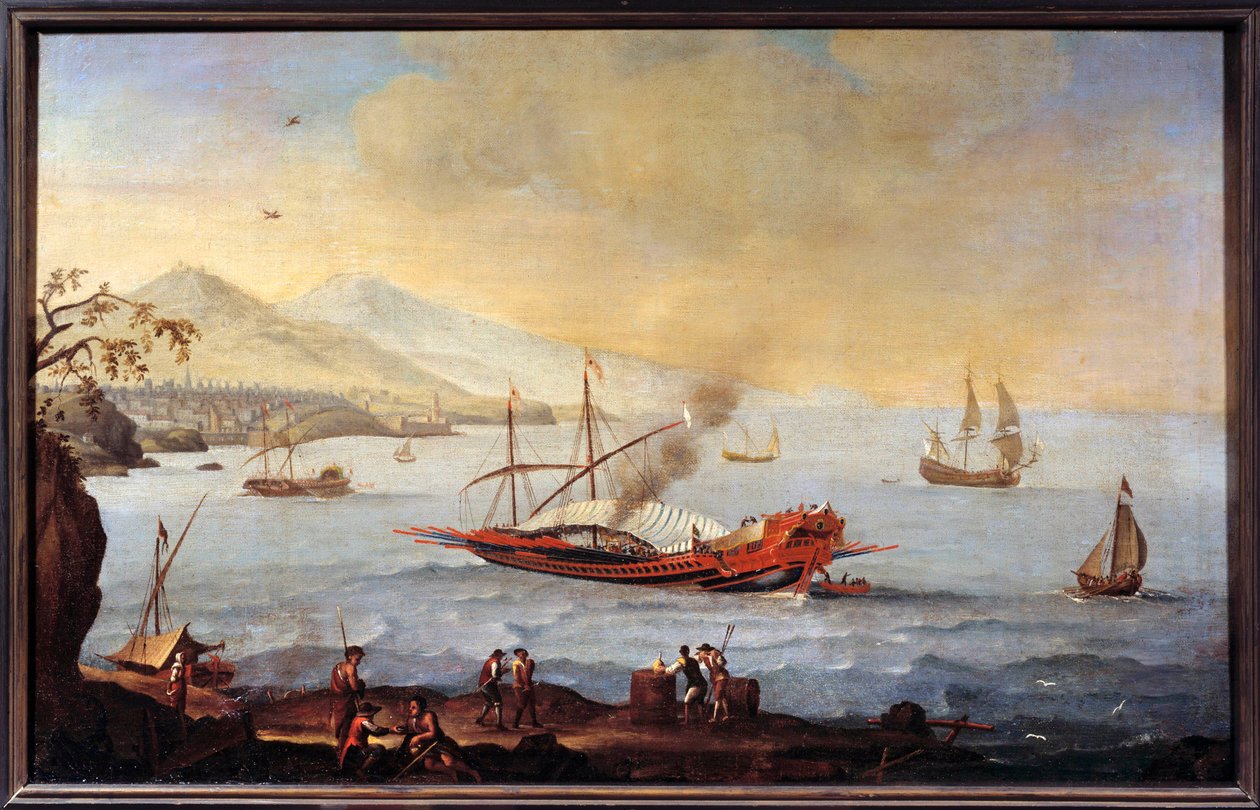 En galer i hamnen i Marseille Målning av Ecole de Pierre Puget (1620-1694) av Pierre (school of) Puget