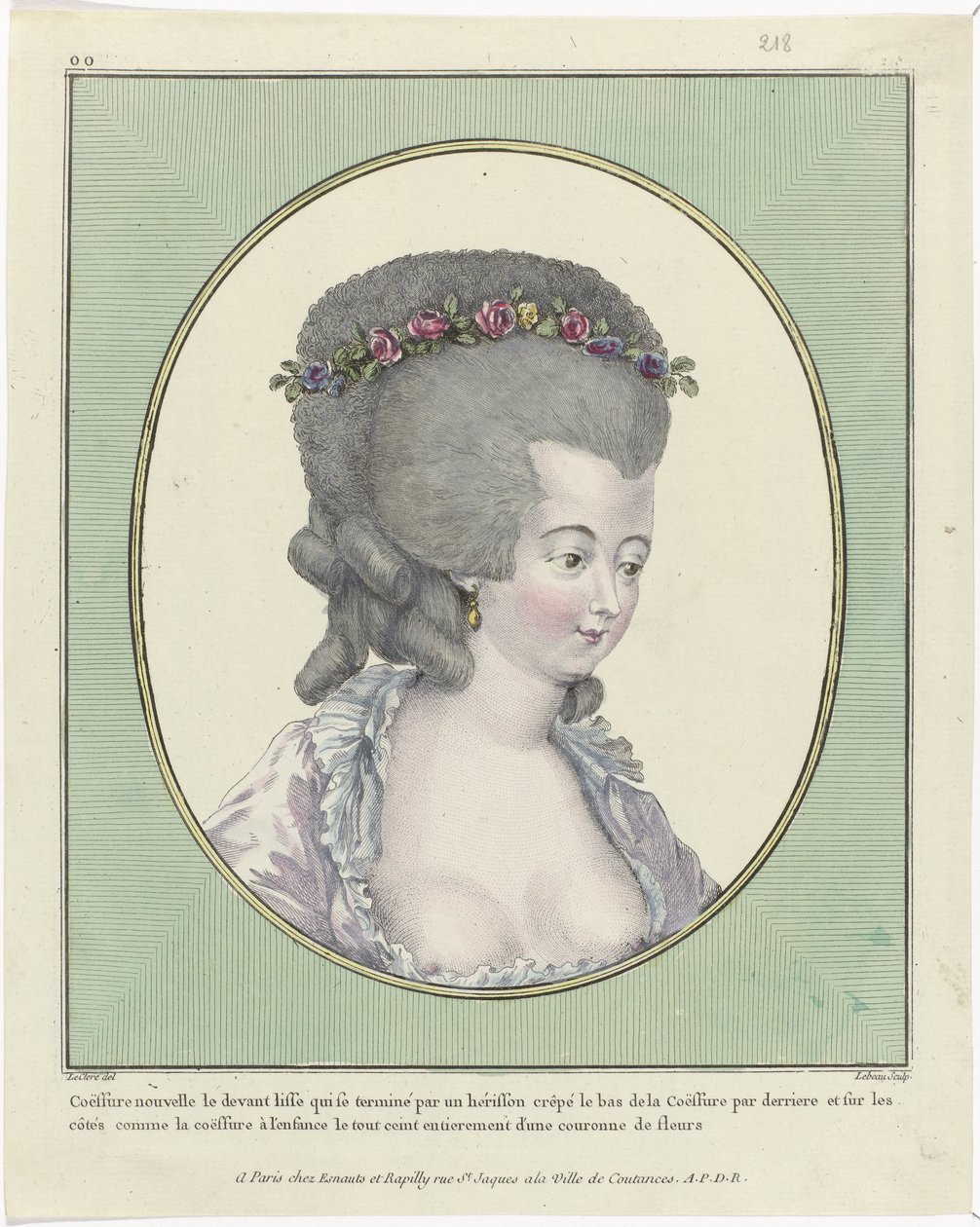 Frisyrer, sittpuffar, hattar och huvar: Elva frisyrer och huvudbonader Gallery of French Fashions and Costumes, 1781, oo 218: New Coëffure fronten (...) av Pierre Adrien Le Beau