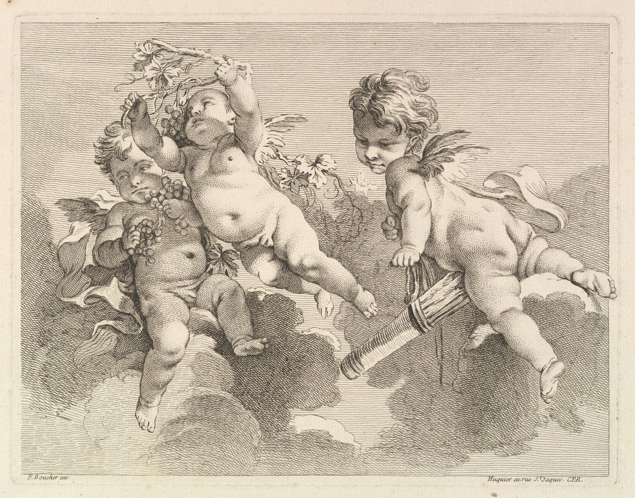 Tre kärlekar, den ena håller en koger, den andra, vindruvor, 1727-60. av Pierre Alexandre Aveline