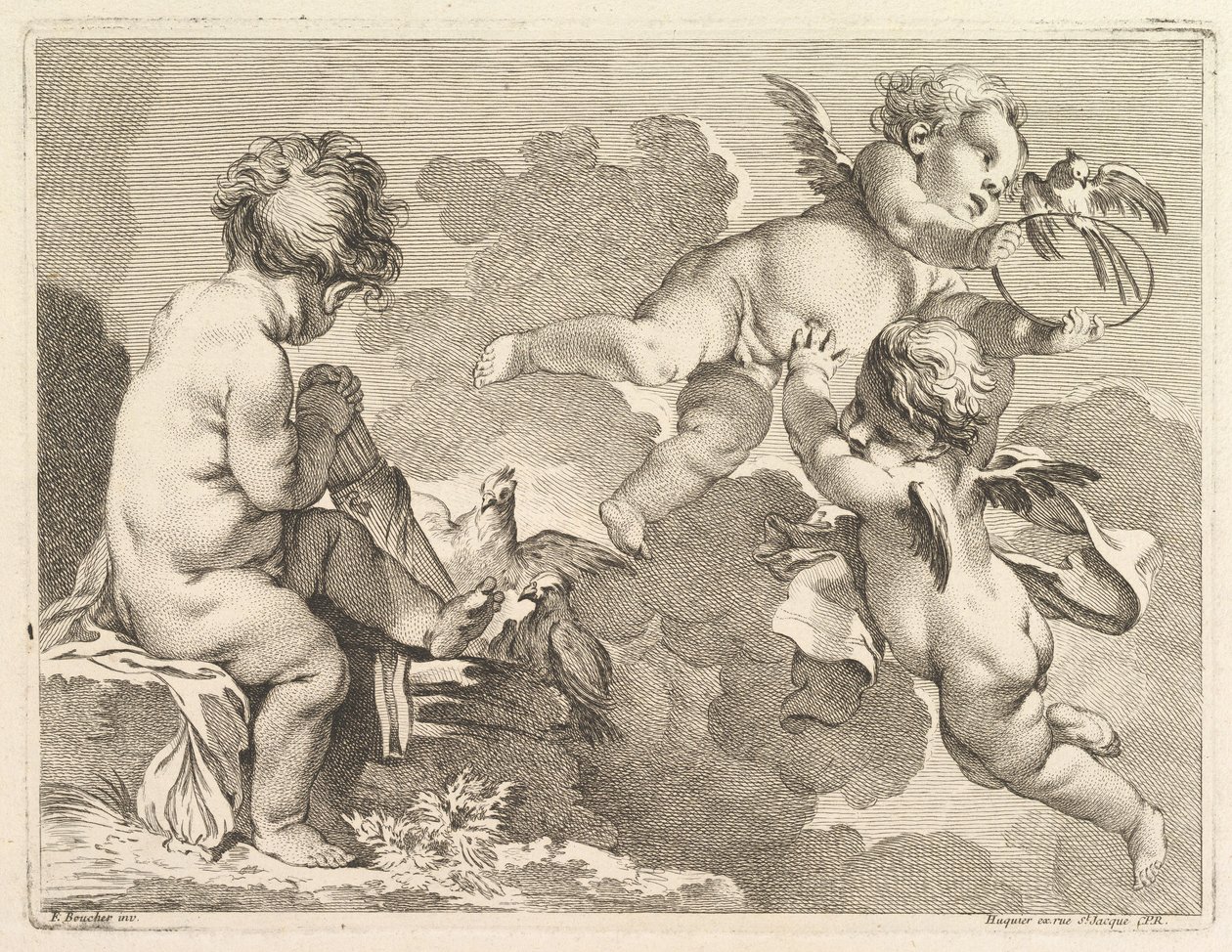 Tre kärlekar, varav den ena sitter, håller en koger, 1727-60. av Pierre Alexandre Aveline