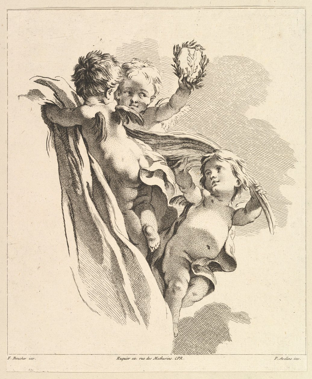 Tre amoriner, varav en har en krona, från den fjärde boken av barngrupper, 1700-talet. av Pierre Alexandre Aveline